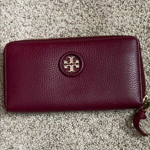 Tory Burch Burgundy Zip-Around Leather Wallet with Gold Logo